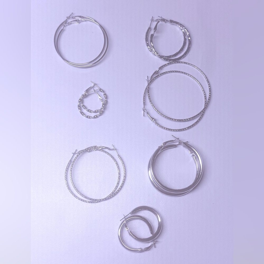 Elegant Silver Hoop Earrings Set 7 Pairs New